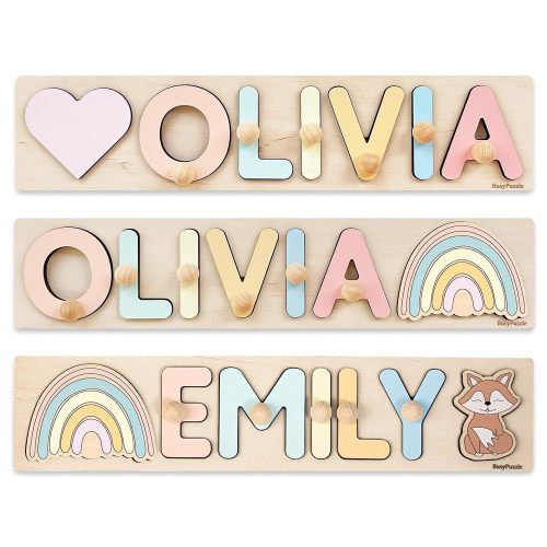 Name Puzzle With Pegs Personalized Wooden Name Puzzle Wooden Toys Custom Name Puzzle by BusyPuzzle Personalized Birthday Baby 1 Year Old Gifts Boy and Girl Easter Gifts for Kids Pink