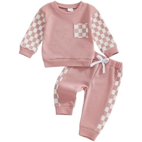 allshope Toddler Baby Girl Fall Outfit Checkerboard Patchwork Long Sleeve Sweatshirt Elastic Waist Pants Newborn Clothes Set