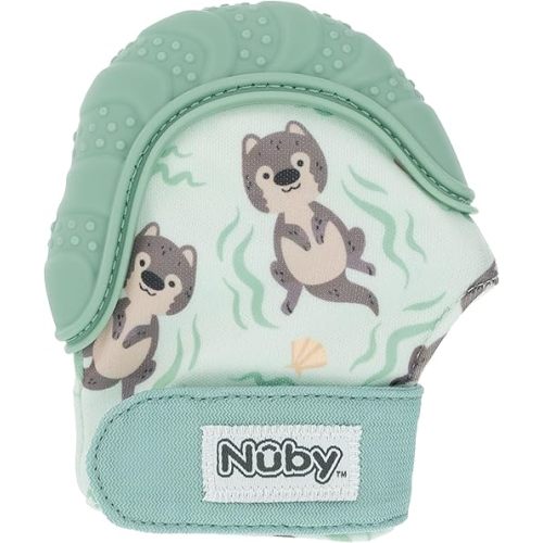 Nuby Happy Hands Silicone Teething Mitten for Babies - Soft Silicone Massaging Teether - Soothes Sore Gums - Easy-to-Wear and Machine Washable - 3+ Months - Otter