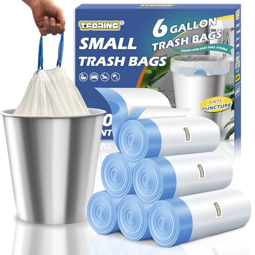 Medium 6 Gallon Trash Bags Drawstring,1.1 Mil,Unscented,120 Count | Tear-Free,Leakproof,Strong Garbage Can Liners,White,Fit 18 - 23 Liter Waste Bins,for Bathroom Office Kitchen Everyday Use