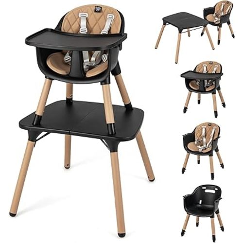 BABY JOY 5 in 1 Convertible Baby High Chair, Infant Dining Chair Booster Seat w/Removable & Adjustable Tray, 5-Point Harness, Detachable PU Leather Cushion, Eating Highchair for Babies 6-36 Months (Coffee)