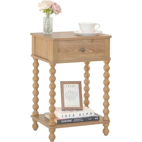 AWASEN Night Stand, Wood End Table with Drawer for Living Room, Small Bedside Side Table with Spindle Wood Legs for Bedroom, Office, Rustic Walnut