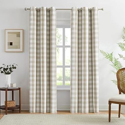 Amzdecor Buffalo Check Plaid Full Blackout Window Curtains 84 Inches Long for Bedroom Noise Reducing Total Room Darkening Grommet Drapes,Vintage Farmhouse Window Treatment,2 Panels,40"x84",Beige/White