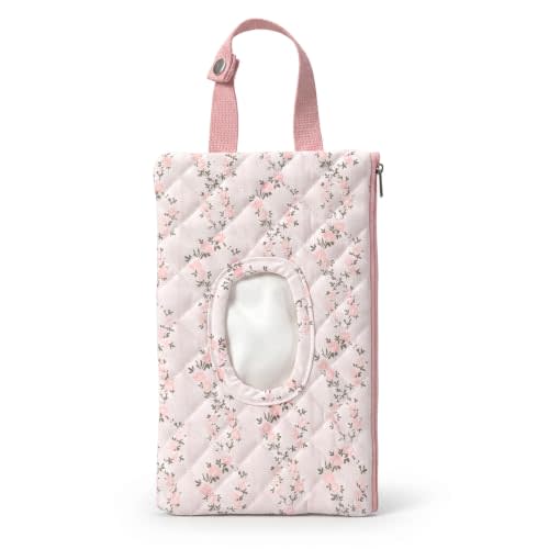 Quilted Diaper Wipe Pouch Hanging Floral Wet Wipes Bag Reusable Fabric Cover with Zipper & Lanyard for Car Daily Casual Travel Mommy Bag (C)