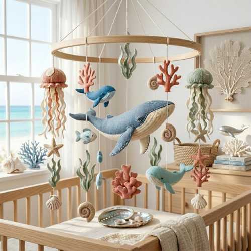 Pastel Blue Whale Baby Mobile, Ocean Animal Nursery Hanging Toy, Wooden Arm Decor, Handmade Baby Crib Mobile, Baby Shower Gift