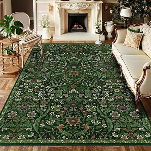 Floral Washable 6x9 Area Rug，Dark Green Boho Rugs for Living Room, Soft Low-Pile Non-Slip Stain Resistant & Non-Shedding Carpet for Bedroom, Dining Room, Office, Entryway, Nursery