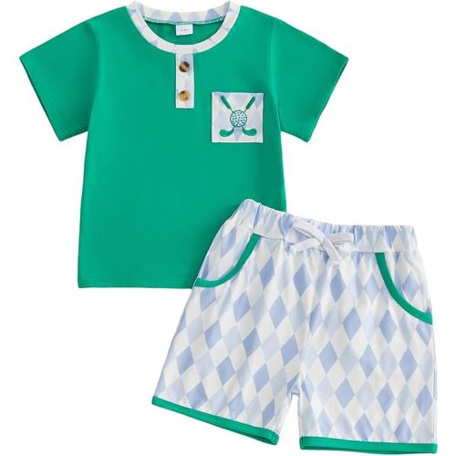 12-18M Toddler Baby Boy Summer Clothes Short Sleeve Embroidery Baseball T-shirt & Plaid Shorts Set 2 Piece Outfit