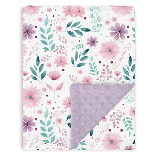 Purple Baby Blankets for Girls 30" x 40", Soft Double Layer Minky Blanket with Dotted Fleece Back, Nursery Bed Receiving Quilt for Newborn Infant Toddler Shower Gift Boho Floral Bloom Theme