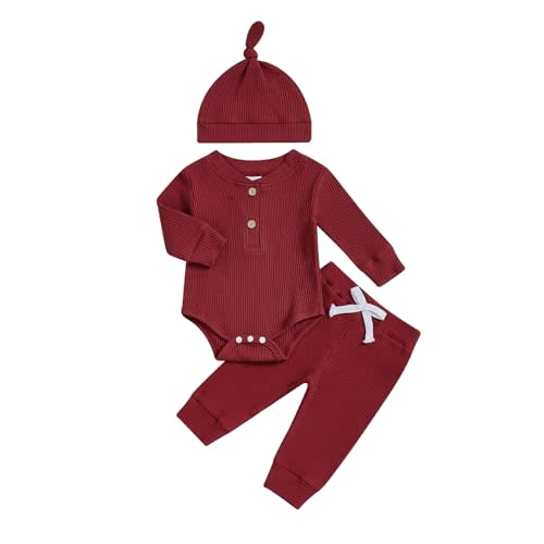Baby Boy Clothes 3 6 12 18 Months Long Sleeve Ribbed Knitted Romper Pants Set with Hat Newborn Fall Winter Outfits