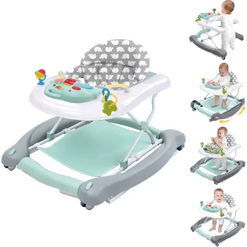 5 in 1 Foldable Baby Walker, Activity Baby Walker-Baby Bouncer, Rocker, Activity Center,Seat and Push Walker,Detachable Trampoline Mat, Adjustable Speed Rear Wheels and Height,Ages 6-18 Months(Mint)