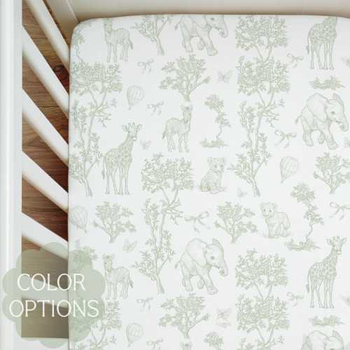 Safari Toile Crib Sheet Blue Green Pink Baby Animal Bedding French Country Nursery Decor Jungle Elephant Giraffe Shower Gift Neutral