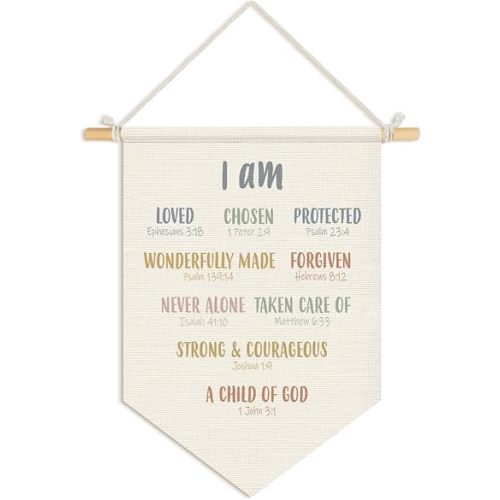 Wheatwin Christian Nursery Decor, I Am Inspirational Positive Affirmations Wall Hanging Pennant Flag Banner, Bible Verse Wall Decor for Kids Nursery Toddler Room Bedroom Playroom 15x11 Inch