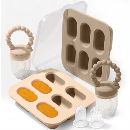 Silicone Baby Fruit Feeders with Freezer Tray for Batch Prep, Set of 2 Safe & Convenient, Includes Extra Pouches & Travel Lids, Dishwasher Safe, Tan