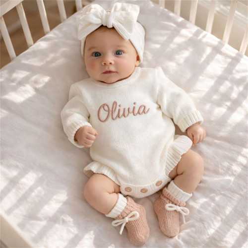 Personalized Newborn Name Romper ,Custom Baby Knit Sweater ,Baby Shower Gift, Embroidered Name rustic baby romper Sweater, Baby Gift