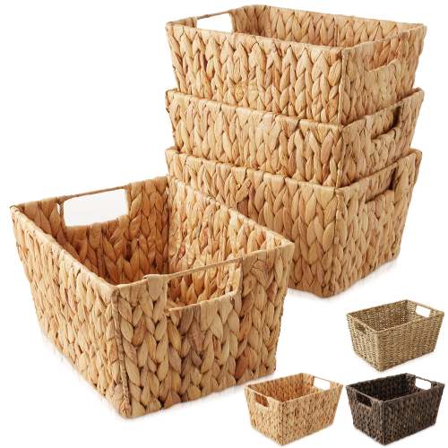 Set of 4 Storage Baskets with Handles, 12" x 9" x 6", Water Hyacinth or Seagrass