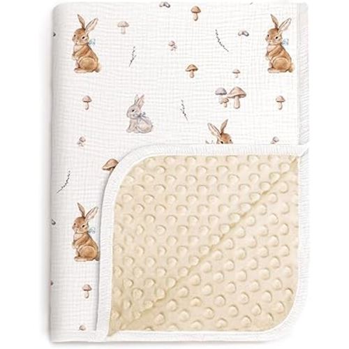 lulumoon Baby Blankets for Newborn Unisex: Thermal Minky Dotted Backing with Bunny Print - Muslin Receiving Blanket for Baby Essential & Registry Gift 30"x40"(Bunny)