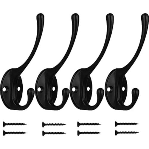 Kruodop 4Pcs Coat Hooks Wall Hooks for Hanging Heavy Duty, Wall Mounted Black Towel Hooks, Metal Single Coat Hanger with Screws Cup Retro for Coats, Handbags, Towels