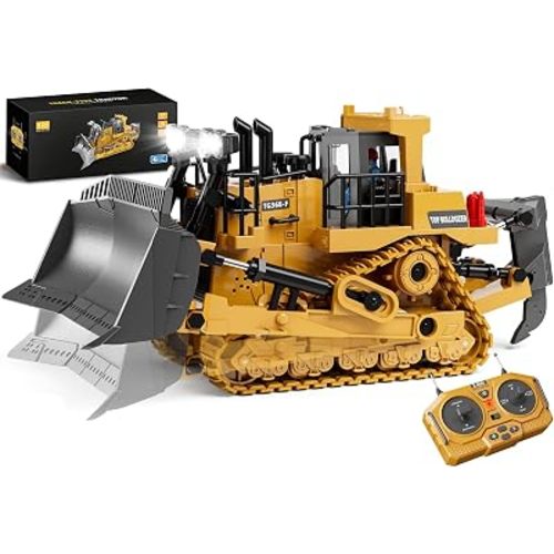 KIDMARKT Metal RC Bulldozer Toy for Kids, 9-Channel Remote Control Track-Type Tractor with Lights & Sounds, Realistic Construction Vehicle, Rechargeable Dozer Toy, Gift for Boys Ages 3-12