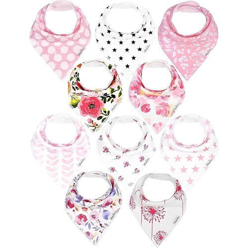 KiddyStar Soft Unisex Organic Cotton Baby Bandana Bibs, Teething Bibs, Drooling Bibs, Toddlers Bibs, Burp Cloths - 10 Pack (Girls 2)