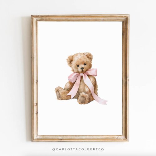 Pink Nursery Art Bear Vintage Nursery Pink Girl Room Nursery Decor Grandmillennial Nursery Teddy Bear Poster Vintage Pink Bear Poster Pink