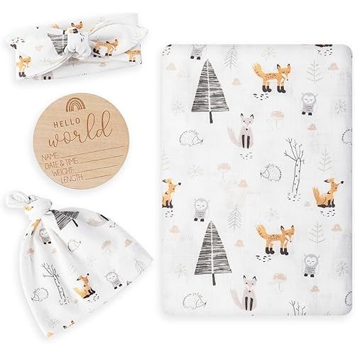 BabyWhale Muslin Swaddle Blanket with Hat and Headband Bow, Animals Print Swaddle Set for Baby Boys ＆ Girls, Newborn Soft Receiving Blanket Wrap, Owls, Foxes, Hedgehogs Pattern, 47x47 inches
