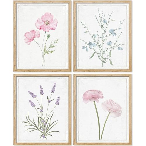 SIGNWIN Framed Lavender Rose Daisy Cornflower Wall Art, Set of 4 Nature Wilderness Wall Decor Prints, Botanical Floral Wall Décor for Living Room, Bedroom - 12"x16" Natural