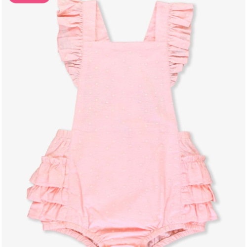 Pink Embroidered Vintage Dot Flutter Overall Romper