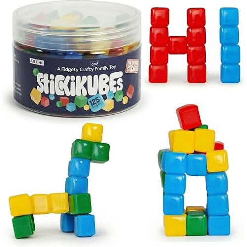 KOMARC GAMES StickiKubes, Mini Stacking Cubes that Stick to Anything, Non Toxic Kid Safe Sticky Blocks, Creative Construction Toy - 125 Cubes, 4 Colors, Tub