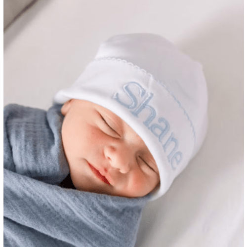 Baby Boys Personalized Hat Take Home Beanie Monogrammed White Blue - Hiccups Children's Boutique