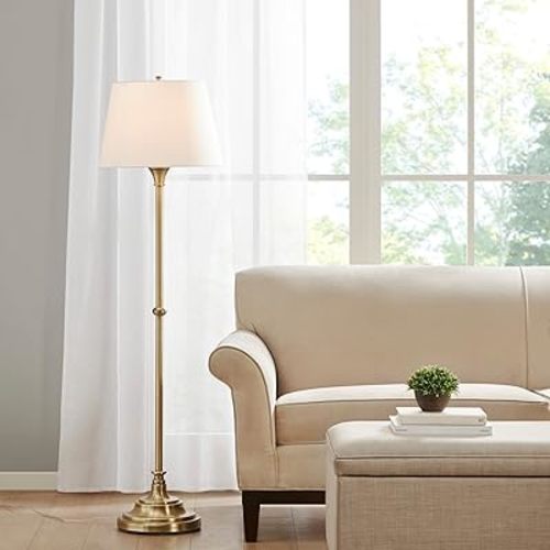 Hampton Hill Classic Floor Lamp for Bedroom, Traditional Standing Lamp for Living Room, Off-White Empire Shade, Polarized Plug, Clear Cable, Tall Iron Frame, Office Room Lamp-Antique Brass Aelorian