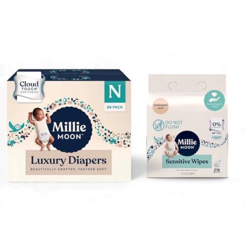 Millie Moon Luxury Cloud Touch Diapers (Newborn-Size and count-96) Sensitive Wipes of Embossed Cloth (3 Pack Each-72count)