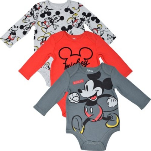 Disney Mickey Mouse Newborn Baby Boys 3 Pack Bodysuits Red / Grey Newborn