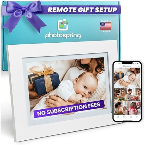 PhotoSpring No Subscription, 10in WiFi Frame, US Company, Email App Web, Family Share, Preload Gift Photos, 32gb Touch Screen, Play Videos up to 5min, White