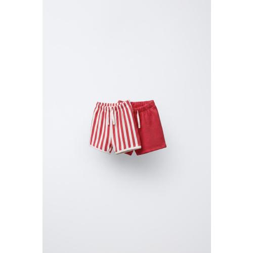 TWO-PACK OF PLAIN AND STRIPED SHORTS - White / Red | ZARA United States