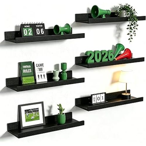 upsimples Floating Shelves for Wall, Wall Shelves for Decor Storage Set of 6, Wall Mounted Wood Shelf for Bedroom, Living Room, Bathroom, Kitchen, Picture Ledge Shelf, Black