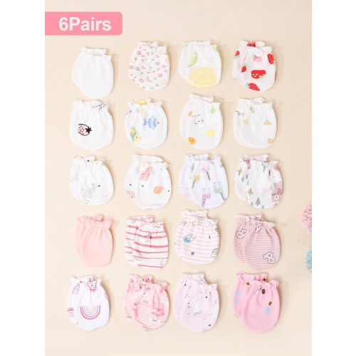 6pairs Assorted Newborn Baby Girl's Scratch Mittens, Strawberry & Rainbow Print, Soft & Skin-Friendly, Suitable For All Seasons | SHEIN USA