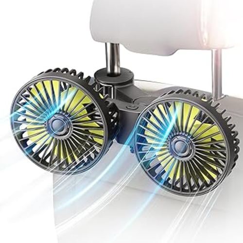 Car Fan for Backseat, Dual Head USB Vehicle Seat Fans, 3 Speeds Strong Wind 360° Rotatable Auto Rear Headrest Fan for Car, Air Circulation Automotive Fans with Adjustable Clip for All Models