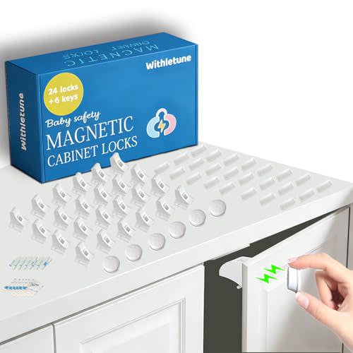 (24Locks + 6keys) Withletune Magnetic Cabinet Locks for Child Proofing - Child Safety Drawer Lock, Suitable for Kitchens, cabinets, and Storage cabinets - no Drilling Required, Adhesive Installation.