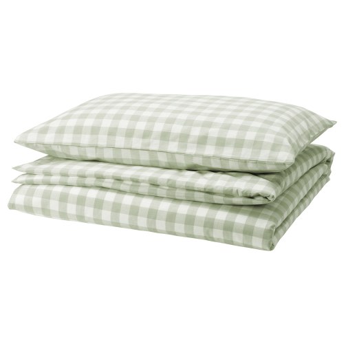 EKTANDVINGE Duvet cover and pillowcase(s) - pale gray-green white/check Twin