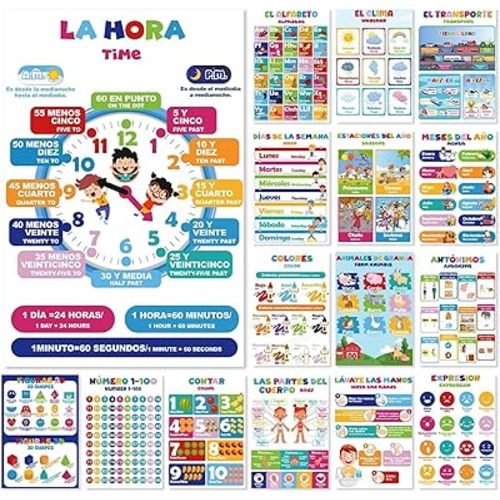 Eggsun 16 carteles de aprendizaje bilingüe en inglés y español para niños de 1 a 3, tabla de aprendizaje educativo para decoración de aula, números del alfabeto, estaciones para jardín de infantes