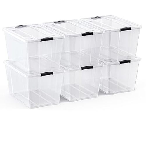 Lifetime Appliance Parts 6 PACK 54 Qt. Plastic Storage Bin Tote Organizing Container with Ultra Durable Lid & Secure Latching Buckles Stackable Extra Strength Clear w/Black Handle
