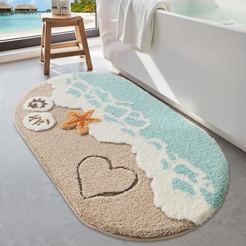 LUMI Beach Bathroom Rugs, Non Slip Bath Mat Ultra Soft Washable Absorbent Quick Dry, Ocean Sea Theme Bath Rug with Starfish Shell for Shower Floor, Kitchen Decor, Kids Room, 24"x44"