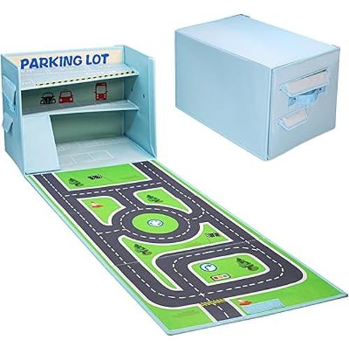 Livememory Toy Car Garage Box - Toy Car Storage Toy Car Box with Car Rug Play Mat (Not Included Cars)