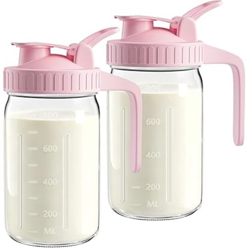 2-Pack 32oz Breast Milk Pitcher – Airtight, Leak-Proof Lids, Easy Pour Spout Glass Milk Storage Container for Milk, Breastmilk, Formula & Beverages, Wide Mouth