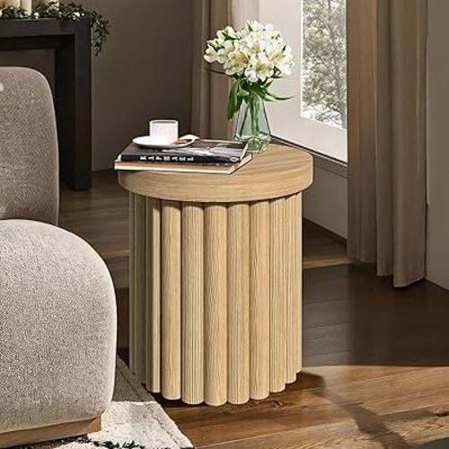LuxenHome Round Side Table, 19" H Fluted Side Table for Small Spaces, Mid Century Modern Small End Table, Wooden Accent Tables, Couch Side Tables, Round Nightstand for Living Room, Bedroom