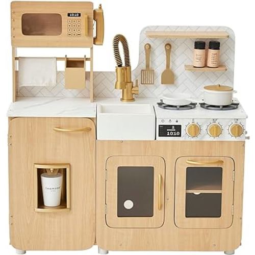 Teamson Kids Little Chef Cyprus Medium Wooden Play Kitchen with Interactive, Realistic Features, and 14 Kitchen Accessories for 3yrs and up, Light Oak/Faux White Marble/Gold
