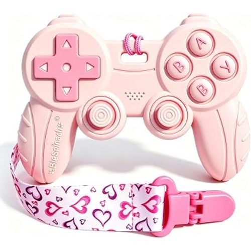 Cool Remote Game Control Teething Toy for Babies 0-6 6-12 Months,Game Controller Teether for Gamer Parents,Baby's First Valentines Day Gifts,Silicone Remote Chew Toys(Pink