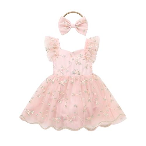 ODASDO Baby Girls Floral Embroidery Tulle Tutu Romper Dress Headband Set for First Birthday Party Cake Smash Wedding