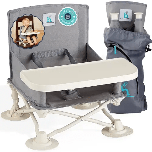 Hiccapop OmniBoost Travel Booster Seat with Tray for Baby, Dining Table, Camping, Beach, Grandma’s | Folding Portable Tip-Free Design Straps to Kitchen Chairs