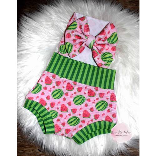Watermelon Sugar Baby Bummie Set/Infant-Toddler High Waisted Shorts/Bummie and Bow Set/Watermelon Birthday/Birthday Outfit/ Melon Shorts